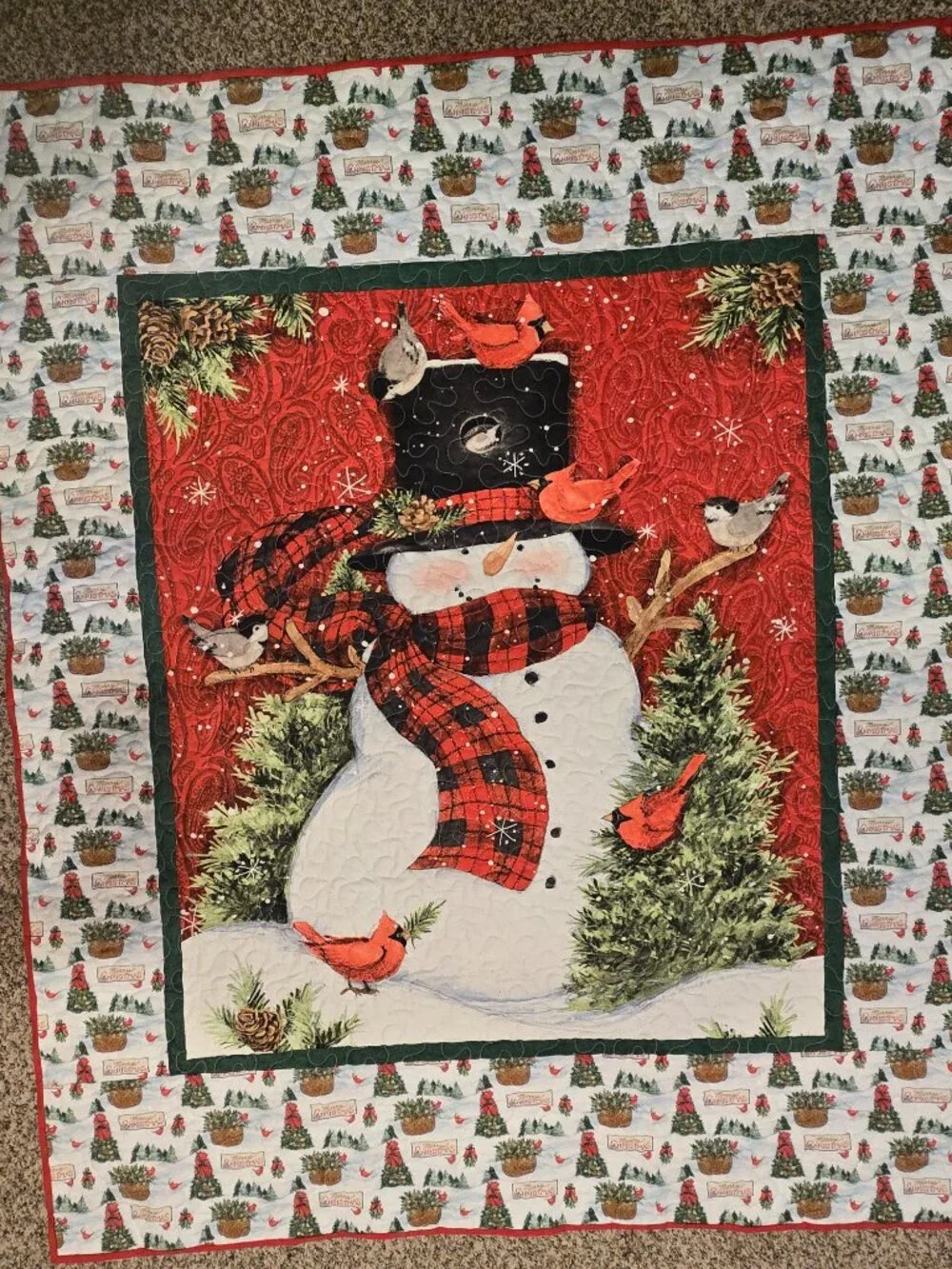 Handmade Snowman Christmas Quilt with Buffalo Plaid Fleece Throw, 47